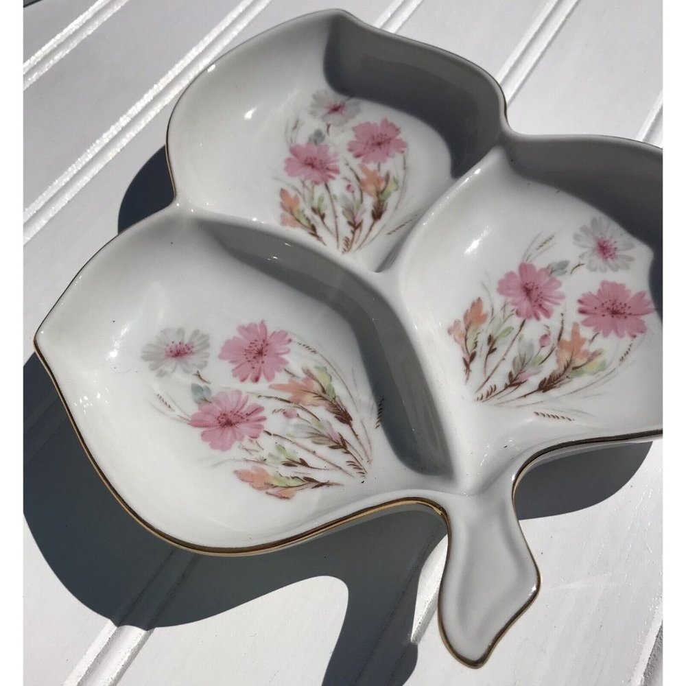 VTG Mitterteich Divided Dish Bavaria Germany MCM Pink Flowers Gold Botanical 60s
